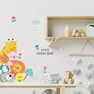 Detailed wall sticker layout featuring cute cartoon animals like giraffes and lions for kids' rooms