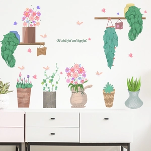 Stickers muraux de plantes vertes en pot avec fleurs et papillons pour décoration