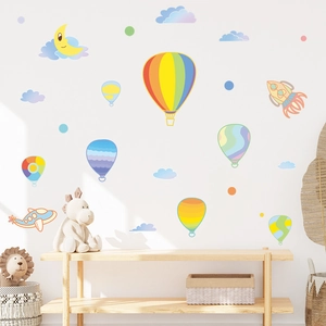 Cartoon hot air balloon and moon wall stickers for colorful nursery room wall decoration