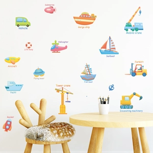 Cartoon vehicle wall decals for kids room with rockets helicopters and ships on white wall