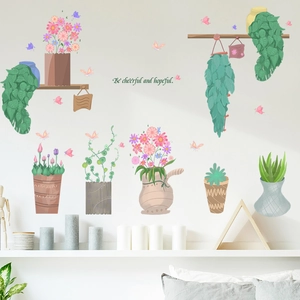 Stickers Muraux Modernes en PVC Imperméable Plantes en Pot Dessin Animé Succulentes Fleurs Papillon Décor pour Salon Chambre