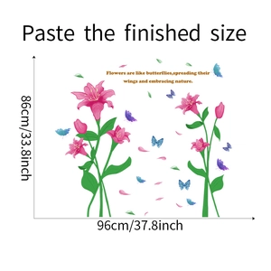 Detailed wall sticker layout featuring pink lilies and butterflies with dimensions 96cm x 86cm