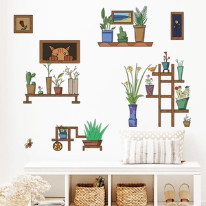 Retro potted plants wall decals featuring cacti and cats for living room decor
