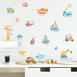 Cartoon transportation wall decals for kids room with sea land and air vehicle stickers