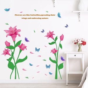 Pink lily flower wall decals with blue butterflies and nature quote for bedroom decor