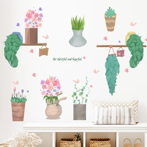 Stickers muraux de plantes vertes en pot avec papillon et citations inspirantes