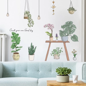 Pastel watercolor potted succulents wall decal with hanging plants for living room decor