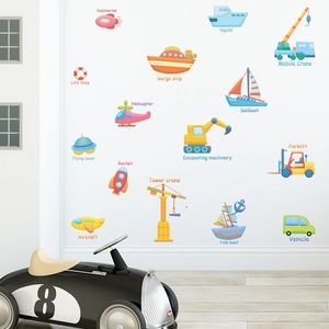 Cartoon vehicle wall decals for kids rooms featuring ships planes and construction cars