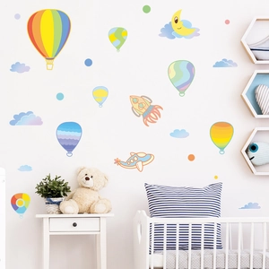 Cartoon Hot Air Balloon Moon Clouds Airplane Wall Stickers For Kids Room Nursery PVC Waterproof Decorative Wall Decals