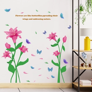 Detail of pink lily flower wall decals with blue butterflies and inspirational quote