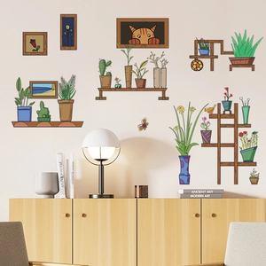 Retro potted plant wall stickers with 3D shelf effect and cute cat for home decor
