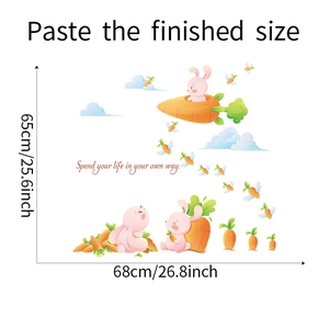 Detailed size specifications for cute rabbit and carrot wall decals in a kids' bedroom