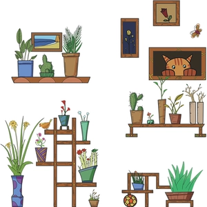Retro potted plant wall stickers with floral prints and wooden shelves for home decor