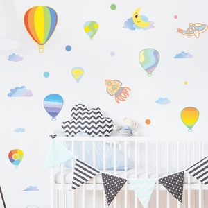 Detailed rendering of cartoon hot air balloons and moon wall stickers in a nursery setting