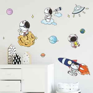 Cartoon astronaut and space rocket wall stickers for nursery and kids room decor