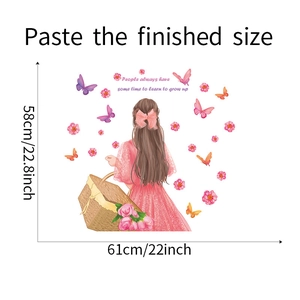 Détail de l'autocollant mural fille et papillons avec dimensions 58x61 cm pour la maison