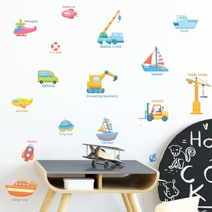 Detailed wall sticker set featuring cartoon transport vehicles and cranes for kids rooms