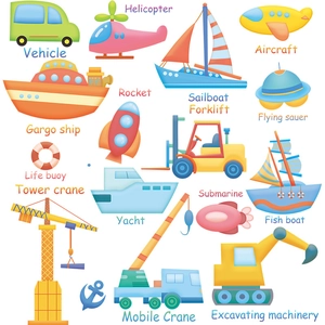 Educational cartoon vehicle wall stickers featuring land, sea, and air transport icons