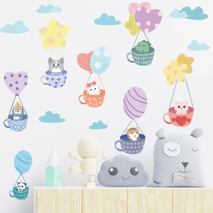 Cartoon animals in teacup hot air balloons wall decals for kids nursery room decor