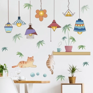 Adesivi murali con gatto cartone animato e lampade a sospensione per arredamento casa