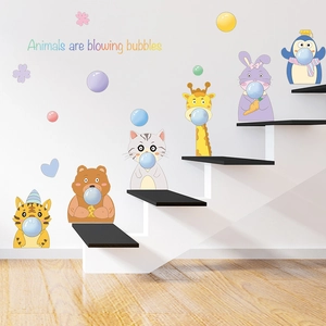 Detailed view of colorful cartoon animals blowing bubbles on a modern white stair wall