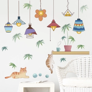 Adesivi murali con gatto e piante pensili per decorazione camera dei bambini