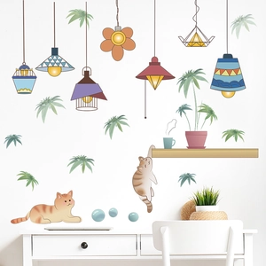 Simpatico Gatto Cartone Animato Pianta In Vaso Lampada A Sospensione Adesivo Da Parete Decorativo In PVC Per Soggiorno Casa