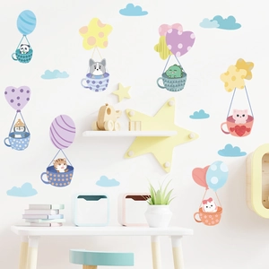 Cartoon Animal Hot Air Balloon Wall Sticker Macaron PVC Self-Adhesive Nursery Decals Panda Corgi Rabbit Heart Stars Cloud Kids Room Wall Decor