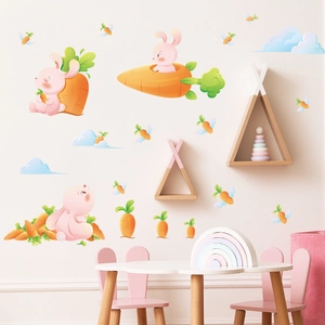 Cartoon pink bunny and carrot wall stickers for kids nursery bedroom decor
