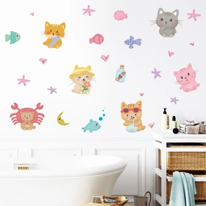 Stickers muraux chat et poisson pour décoration DIY salle de bain enfants