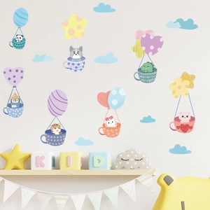 Cartoon animal hot air balloon wall decals in soft macaron colors for kids room decoration