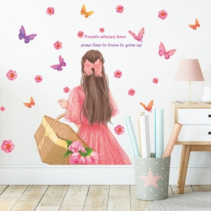 Sticker mural fille de dos avec papillons et fleurs pour décoration murale de chambre
