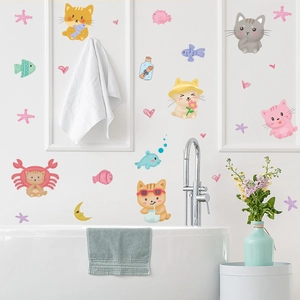 Stickers Muraux DIY Chat de Dessin Animé Animaux Marins PVC Imperméable Autocollant pour Chambre d'Enfant Salle de Bain