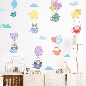 Cartoon animals in hot air balloons wall stickers set for kids nursery room decor