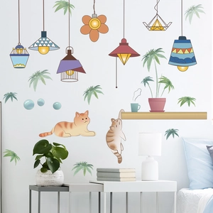 Adesivi murali con gatti carini e piante in vaso lampada a sospensione decorativa