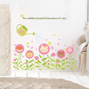 Détail de stickers muraux fleurs d'animaux mignons avec arrosoir et motifs papillons