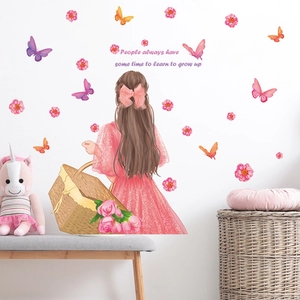 Stickers muraux fille en robe rose et papillons pour décoration de chambre chaleureuse