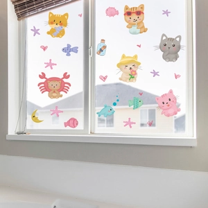 Détail de stickers muraux chat de dessin animé sur vitre pour chambre d'enfant