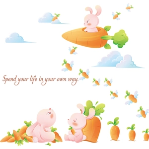 Cartoon bunny and carrot rocket wall stickers for kids nursery room wall decor
