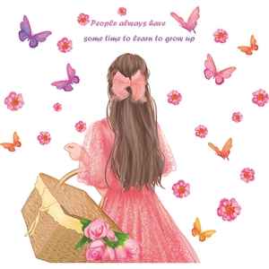 Sticker mural fille de dos avec papillons, fleurs et citation motivante en anglais