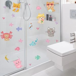 Stickers muraux imperméables en PVC avec chats et animaux marins pour salle de bain