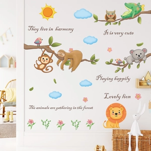 Cartoon animal wall stickers for kids room featuring lion monkey and koala in nordic style
