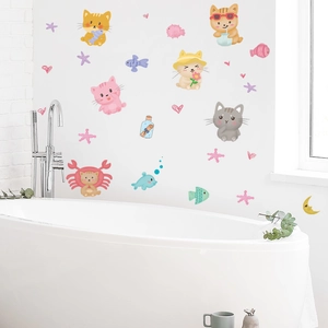 Stickers muraux chats et poissons pour décoration salle de bain enfant en PVC imperméable