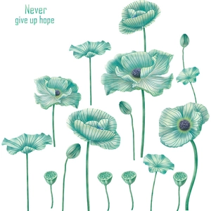 Artistic green lotus leaf wall stickers with Never Give Up Hope quote for home decor