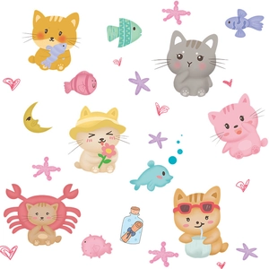 Stickers muraux chats mignons avec poissons et crabes pour décoration chambre enfant