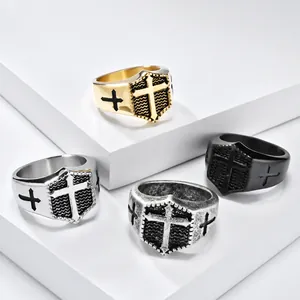 Vintage Stainless Steel Cross Shield Signet Ring For Men Women Gothic Punk Polished Band Ring Daily Party Jewelry Gift