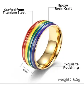 Detailed 8mm rainbow striped titanium steel ring with epoxy process and polished finish