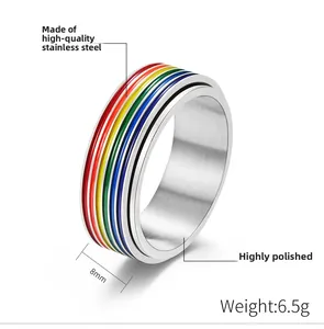Close-up of 8mm rainbow spinner ring in polished titanium steel with dimensions