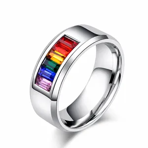 Anillo de Acero de Titanio con Diamantes de Imitación Arcoíris Unisex Pride LGBTQ Minimalista Pulido Joyería Regalo