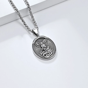 Saint Michael Archangel oval shield pendant on wheat chain necklace in vintage steel